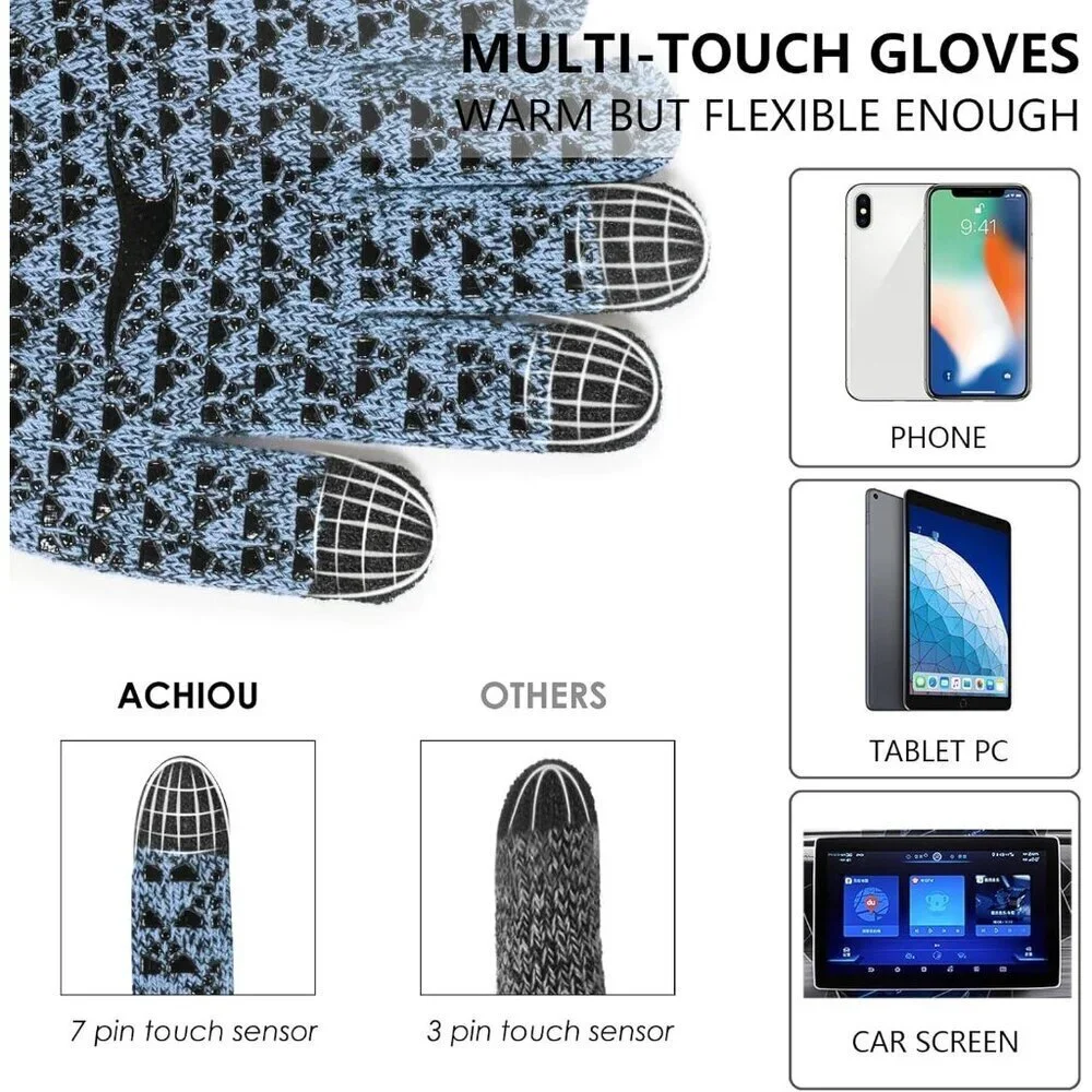Women's Grey Blue Upgraded Touch Screen Thermal Soft Knit Lining Winter Gloves